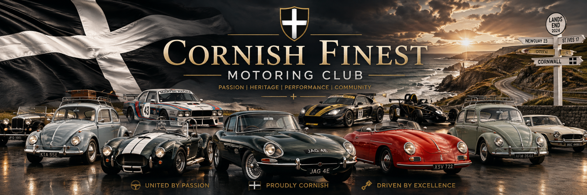 Cornish Finest Motoring Club: classic and performance cars lined up on the Cornish coast