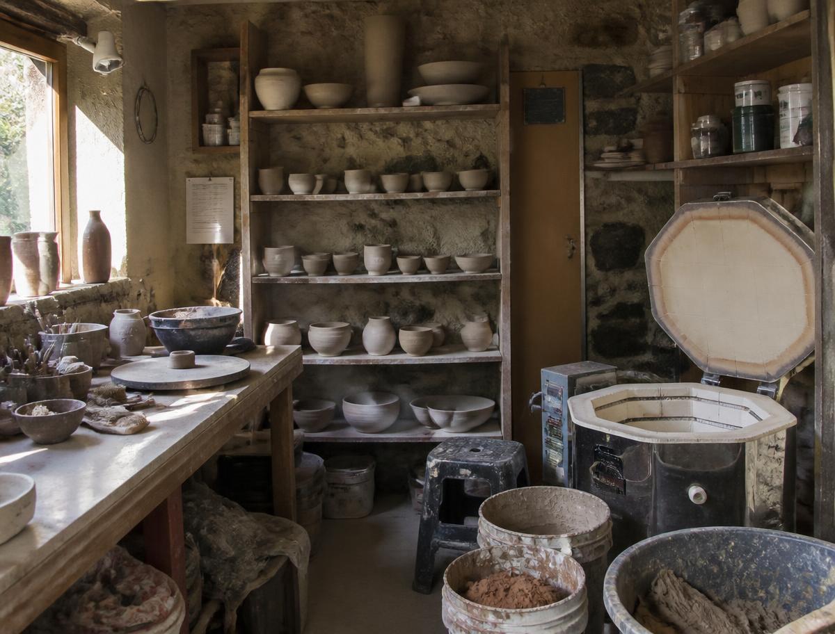 Garden pottery studio with shelves of drying work and a kiln