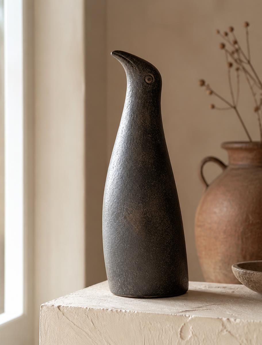 Tall dark sculptural bird-like stoneware form