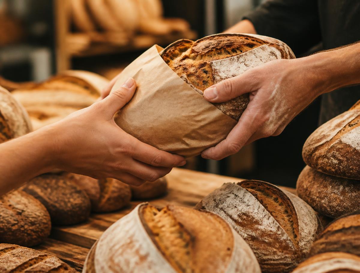 Artisan sourdough passed across a market counter