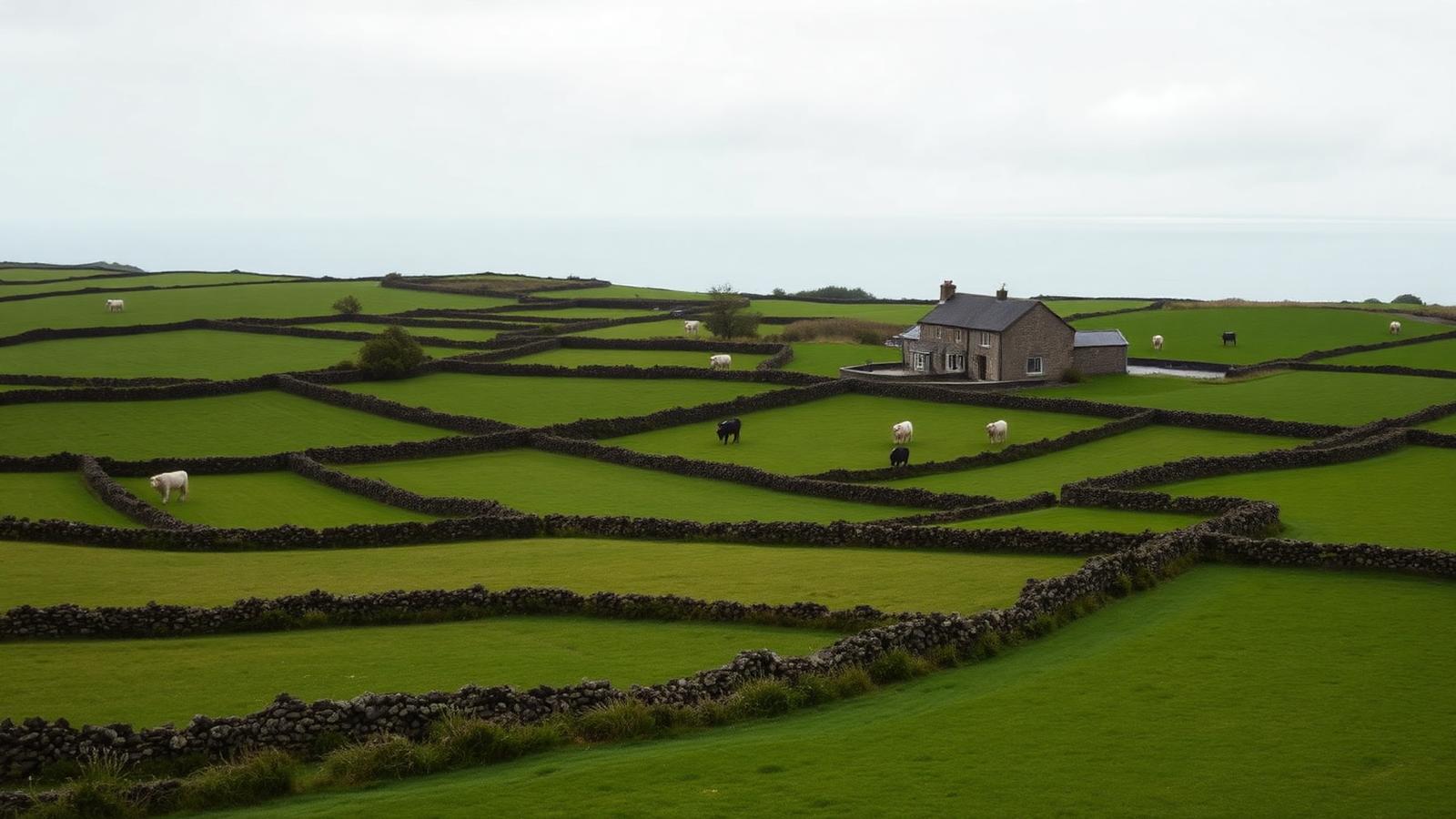 Cornish farmland divided by ancient stone hedges with grazing cattle and a granite farmhouse