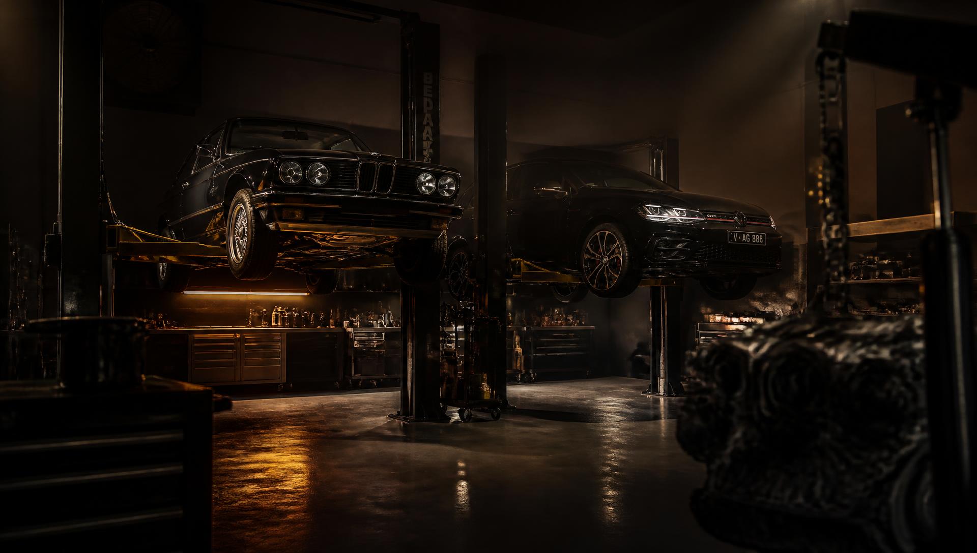 Two cars raised on ramps in a Cornish workshop under low amber light
