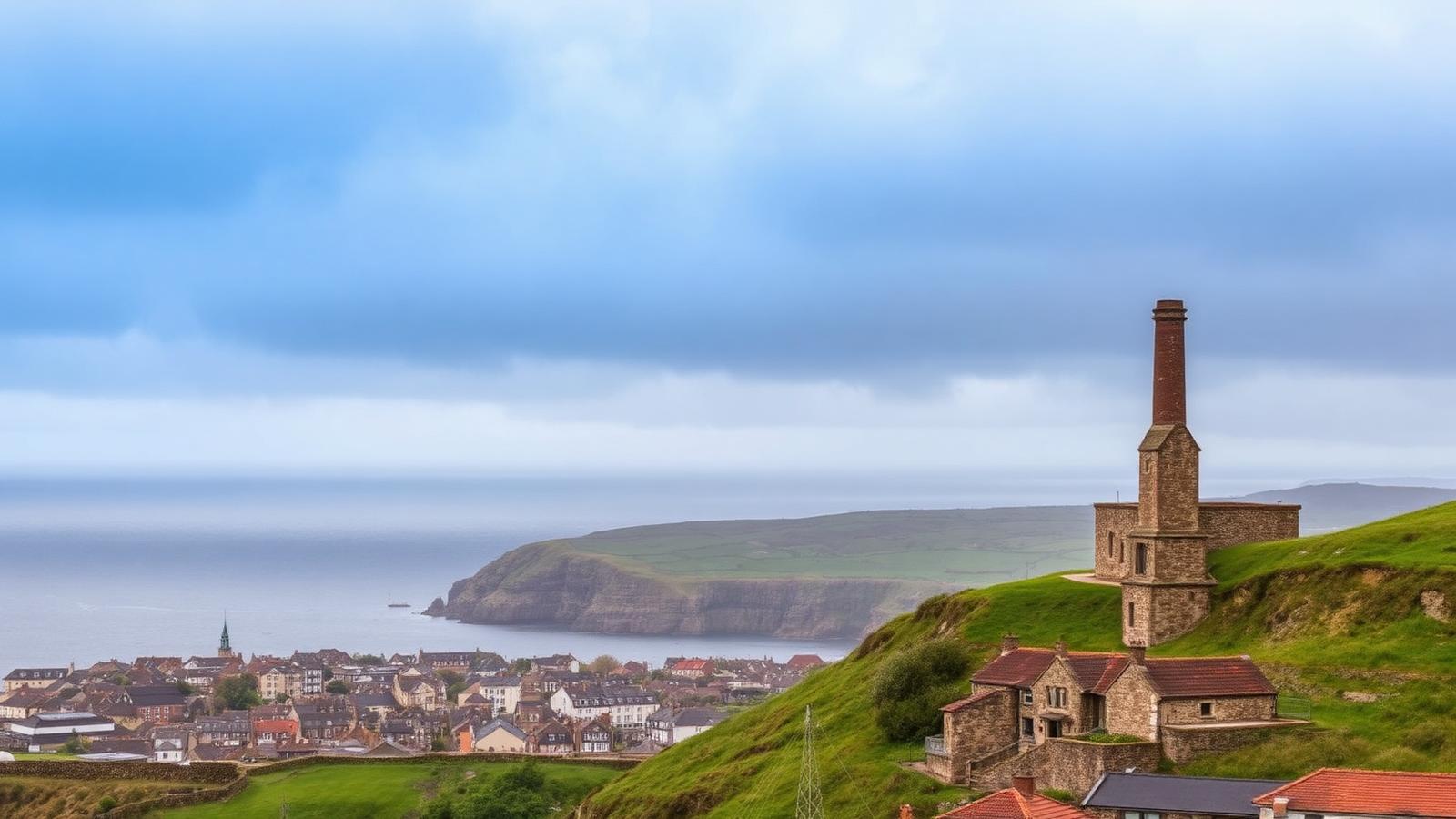 Granite engine house above Camborne with Atlantic sky