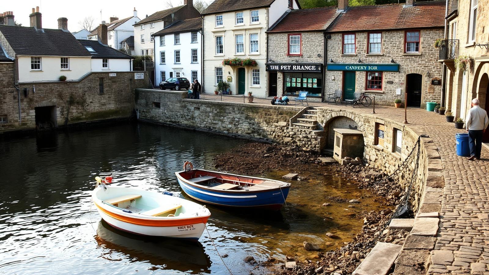 Penryn granite quay with small boats at low tide