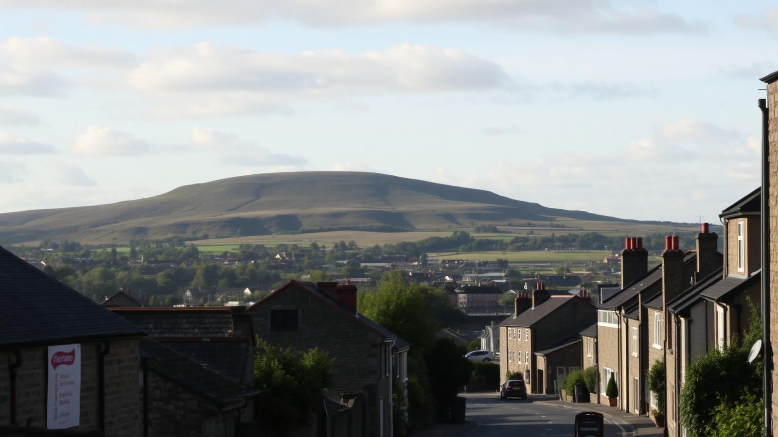 Redruth granite streets with Carn Brea hill beyond