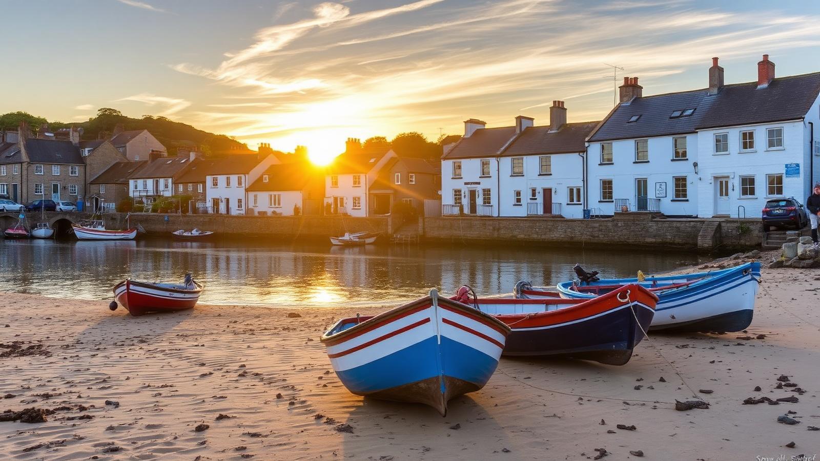 St Ives harbour at golden hour with fishing boats on the sand