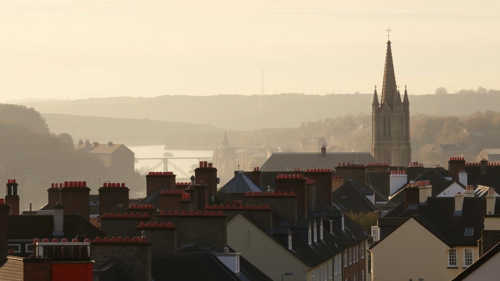 Truro cathedral spires above city rooftops in morning light